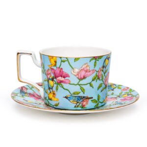 9 Ounces Teacup and Saucers Set Vintage Floral Tea Cups Set Bone China TeaCups Coffee Tea Cup for Tea Party Women Mom (blue)