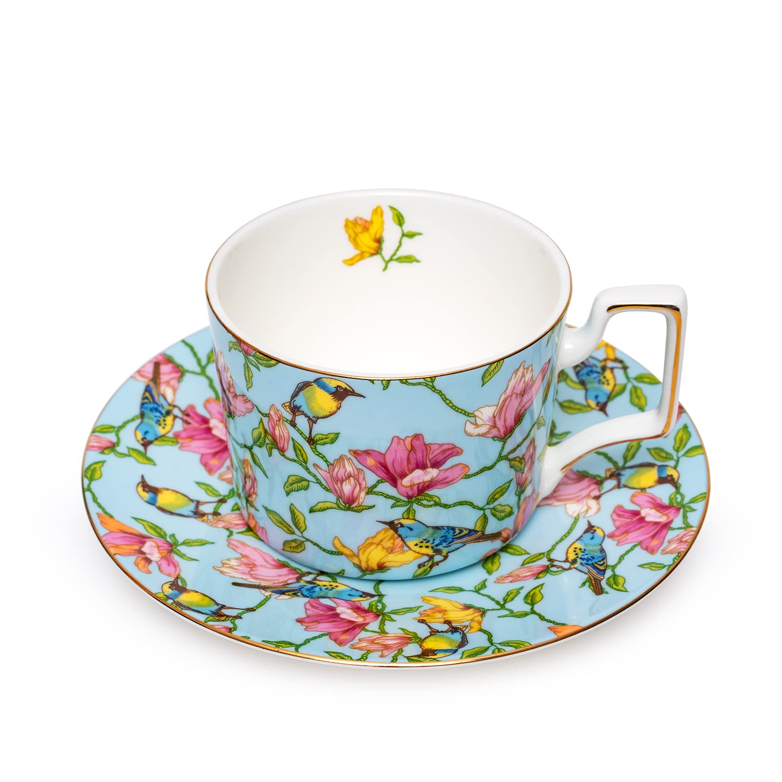9 Ounces Teacup and Saucers Set Vintage Floral Tea Cups Set Bone China TeaCups Coffee Tea Cup for Tea Party Women Mom (blue)