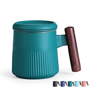 taoci tea mug ceramic tea cup handle wooden with infuser and lid 13.5 ounce porcelain cup for steeping loose leaf tea (green) (shuibei120121)