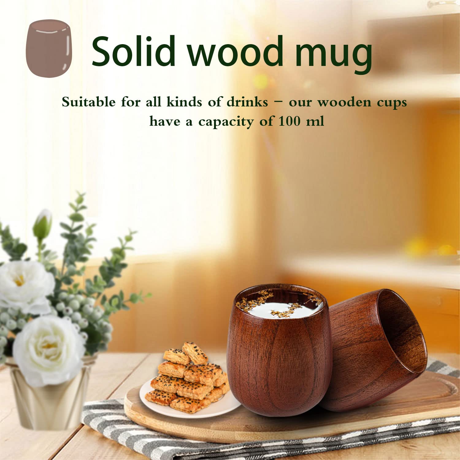 Ecloud Shop 2PCS Handmade Natural Solid Wooden Water Tea Cup Durable and Elegant 100ml