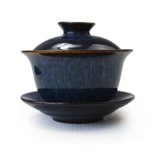 liang baobao porcelain gaiwan 6oz teacup color glazed cups tureen chinese sancai cover bowl lip saucer set (blue)