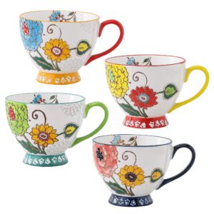 superyes large floral ceramic coffee mug, cute daisy cappuccino latte ceceal cup (red-yellow-green, 15 oz x 4 pcs)