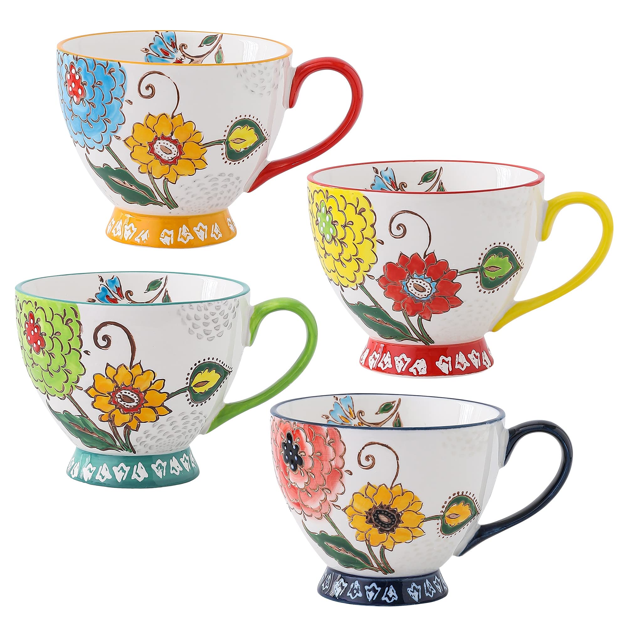 superyes Large Floral Ceramic Coffee Mug, Cute Daisy Cappuccino Latte Ceceal Cup (Red-Yellow-Green, 15 oz x 4 pcs)