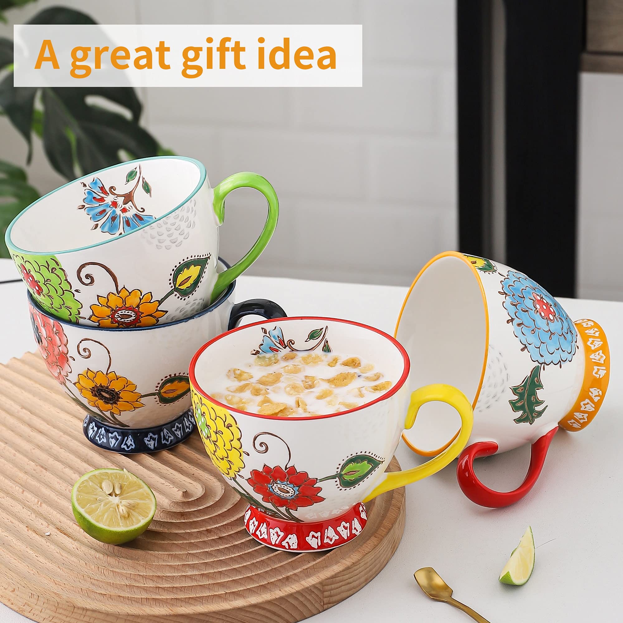 superyes Large Floral Ceramic Coffee Mug, Cute Daisy Cappuccino Latte Ceceal Cup (Red-Yellow-Green, 15 oz x 4 pcs)