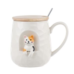 mug coffee ceramic cup novel 3d cat pattern with lid and matching spoon cartoon handmade mug for tea milk chocolate juice suitable for people who love cats small animals (cat side)