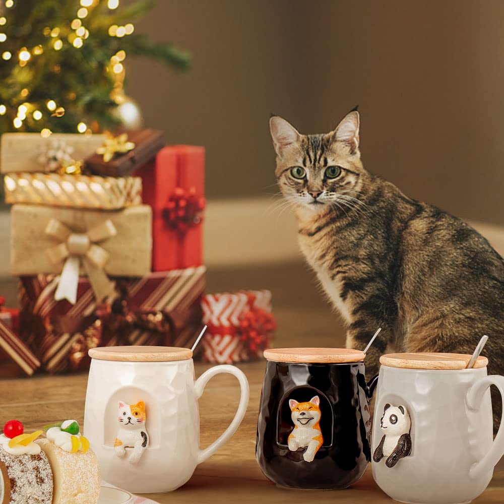 Mug Coffee Ceramic Cup Novel 3D Cat Pattern with Lid and Matching Spoon Cartoon Handmade Mug for Tea Milk Chocolate Juice Suitable for People Who Love Cats Small Animals (Cat side)