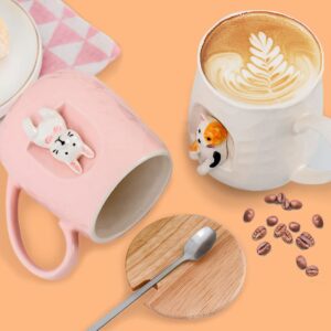 Mug Coffee Ceramic Cup Novel 3D Cat Pattern with Lid and Matching Spoon Cartoon Handmade Mug for Tea Milk Chocolate Juice Suitable for People Who Love Cats Small Animals (Cat side)