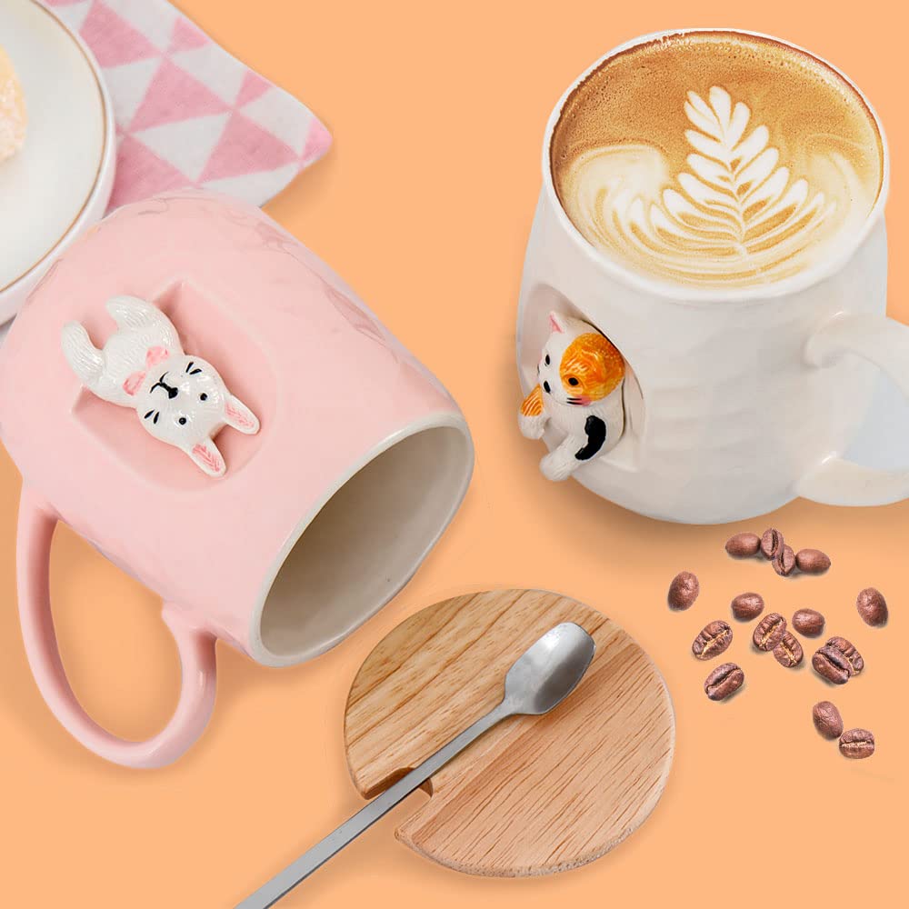 Mug Coffee Ceramic Cup Novel 3D Cat Pattern with Lid and Matching Spoon Cartoon Handmade Mug for Tea Milk Chocolate Juice Suitable for People Who Love Cats Small Animals (Cat side)