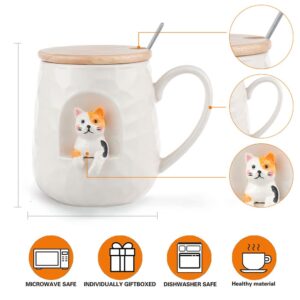 Mug Coffee Ceramic Cup Novel 3D Cat Pattern with Lid and Matching Spoon Cartoon Handmade Mug for Tea Milk Chocolate Juice Suitable for People Who Love Cats Small Animals (Cat side)