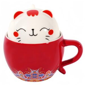 ariskey ceramic tea mug with infuser and lid,cute cat tea cup with filter for steeping loose leaf, handmade porcelain teacup, 3d funny novelty mug for home office (red)