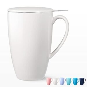 fashionwu 16 oz porcelain tea mug with infuser and lid, 500ml large leaf tea cup with stainless steel filter ceramic teaware for tea coffee milk juice hot cocoa, gifts for tea lovers (white)
