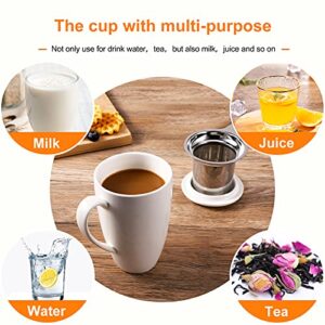 Fashionwu 16 OZ Porcelain Tea Mug with Infuser and Lid, 500ml Large Leaf Tea Cup with Stainless Steel Filter Ceramic Teaware for Tea Coffee Milk Juice Hot Cocoa, Gifts for Tea Lovers (White)
