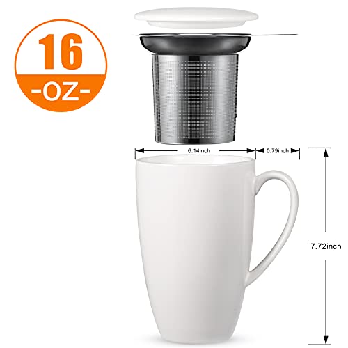 Fashionwu 16 OZ Porcelain Tea Mug with Infuser and Lid, 500ml Large Leaf Tea Cup with Stainless Steel Filter Ceramic Teaware for Tea Coffee Milk Juice Hot Cocoa, Gifts for Tea Lovers (White)