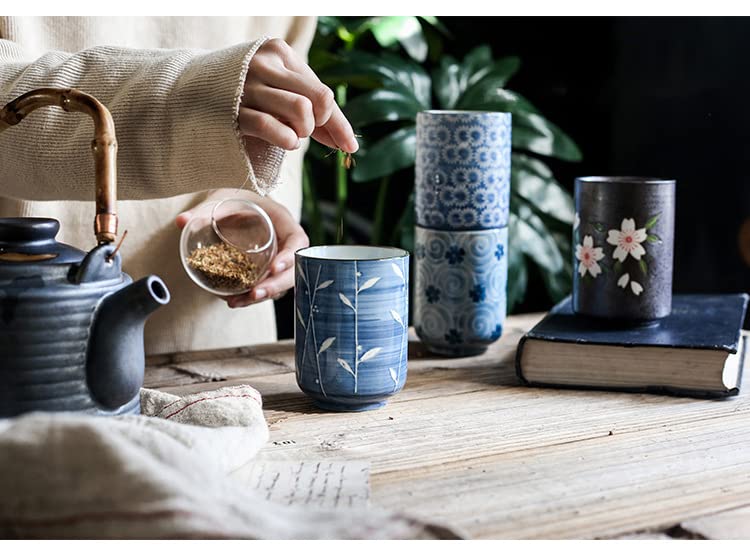 Caalio Japanese Porcelain Tea Cups, for Matcha Coffee Hot Green Tea, Chinese Tea, Mino ware, Diameter 2.9 inches x height 4.0 inches, 11fl oz/325ml - BLUE BLOSSOM