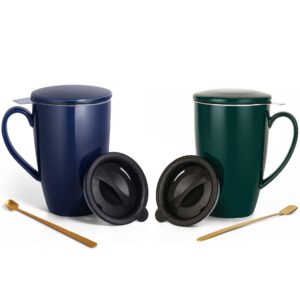 yumkubis tea cup set, two sets tea cup with infuser and lid, 17 oz large tea infuser mug, ceramic tea mug for women, men, kids