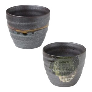 asayu japan handpainted glazed ceramic tea cups set of 2, 6.7oz (200ml), made in japan mino ware pottery glass for hot and cold drinks - 2pcs tea cup set, metallic dark brown