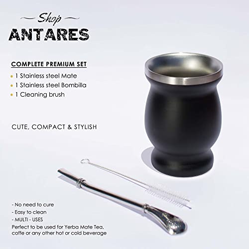 Shop Antares Mate Cup And Bombilla Set - Yerba Mate set Includes One Yerba Mate Cup, One Bombilla Mate (Straw) and Brush - Stainless Steel Double-Wall | Easy to Clean (Black)