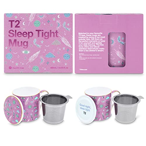 T2 Tea Iconic Fine Bone China Mug with Stainless Steel Infuser, Sleep Tight (400ml / 13.5floz), 400 milliliters, Pink (H210BC948)