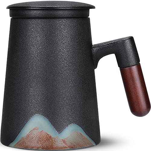 ENJOHOS Wooden handle Tea Mug Japanese Style Large Ceramic Tea Cup with Infuser and Lid, Fine Porcelain Infuser Mug for Work Life Gift (14 oz, Matte Black)