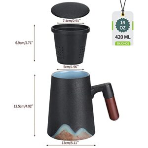 ENJOHOS Wooden handle Tea Mug Japanese Style Large Ceramic Tea Cup with Infuser and Lid, Fine Porcelain Infuser Mug for Work Life Gift (14 oz, Matte Black)