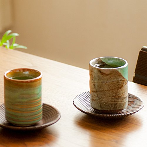 Ceramic Japanese tea cup, MINOYAKI, Aoshino, Chisuji, Yunomi (Set of 2) 5 fluid ounce