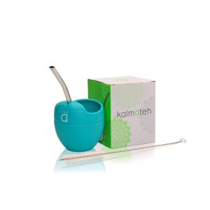 Kalmateh Silicone Yerba Mate Gourd and Bombilla Straw with Cleansing Brush- BPA Free, Ergonomic for Travel, Easy to Clean (Turquoise)