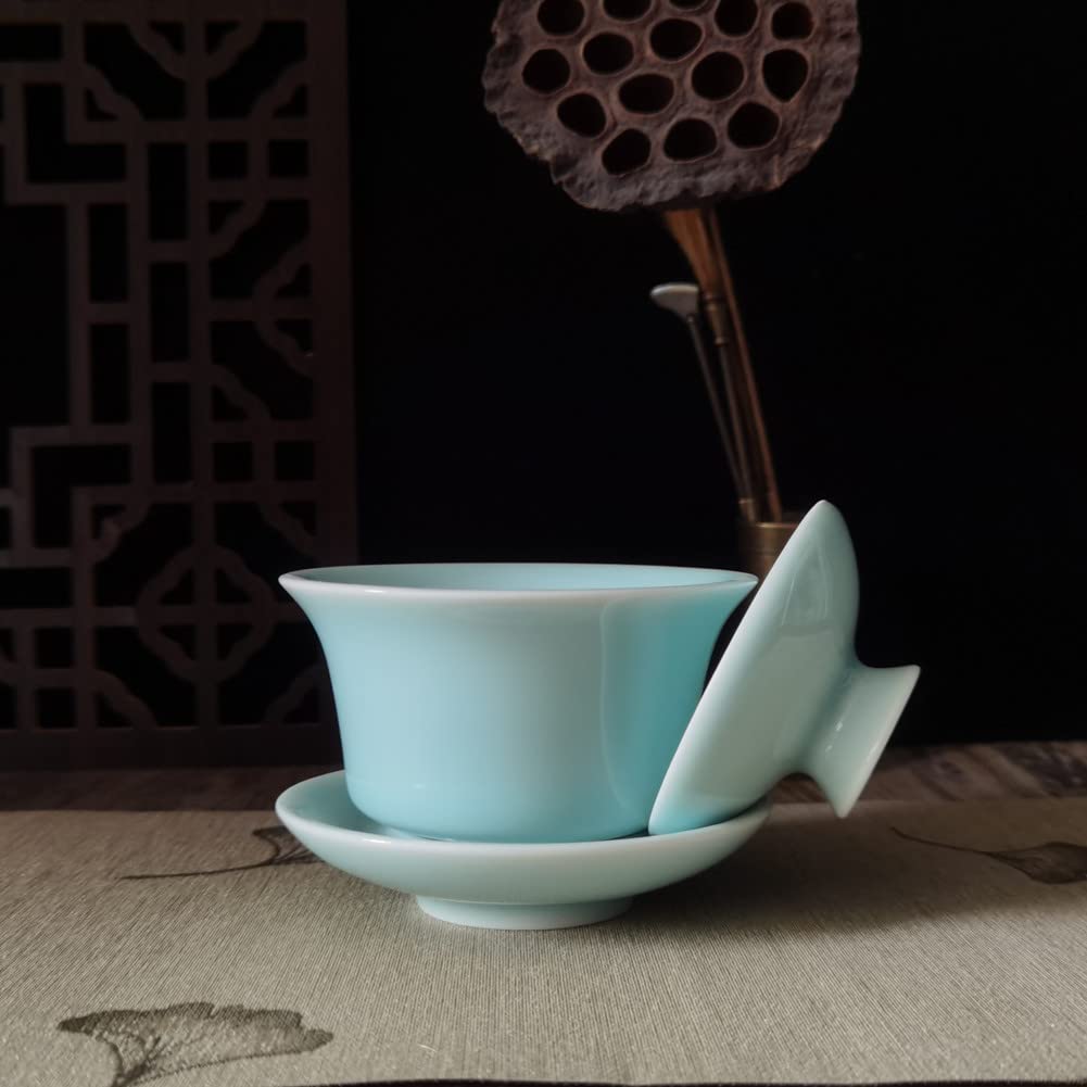 Gaiwan Kung Fu Teacups with Lid 5-Ounce Teacup and Saucer Set Porcelain Chinese Celadon (Sky blue)