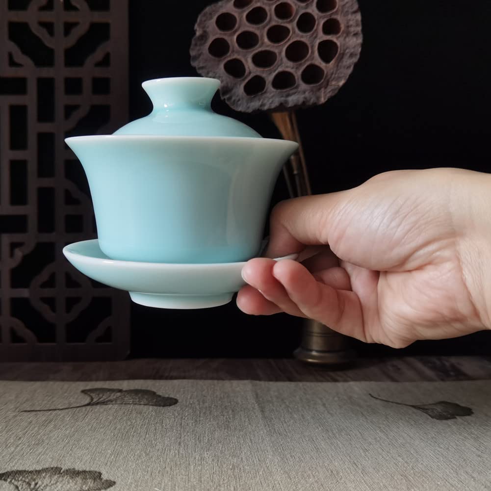 Gaiwan Kung Fu Teacups with Lid 5-Ounce Teacup and Saucer Set Porcelain Chinese Celadon (Sky blue)