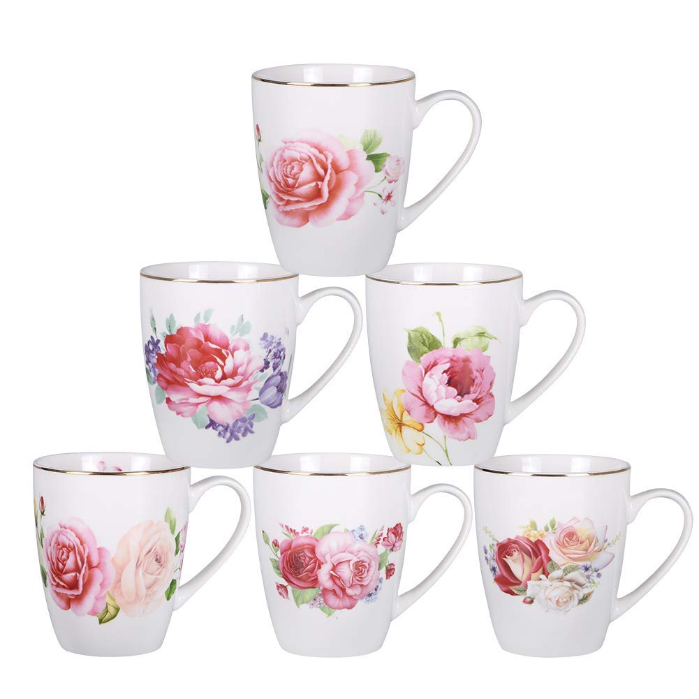 Asmwo Porcelain Floral Tea Cup Set Rose Peony Cups Coffee mugs for Women Latte Cups Set of 6