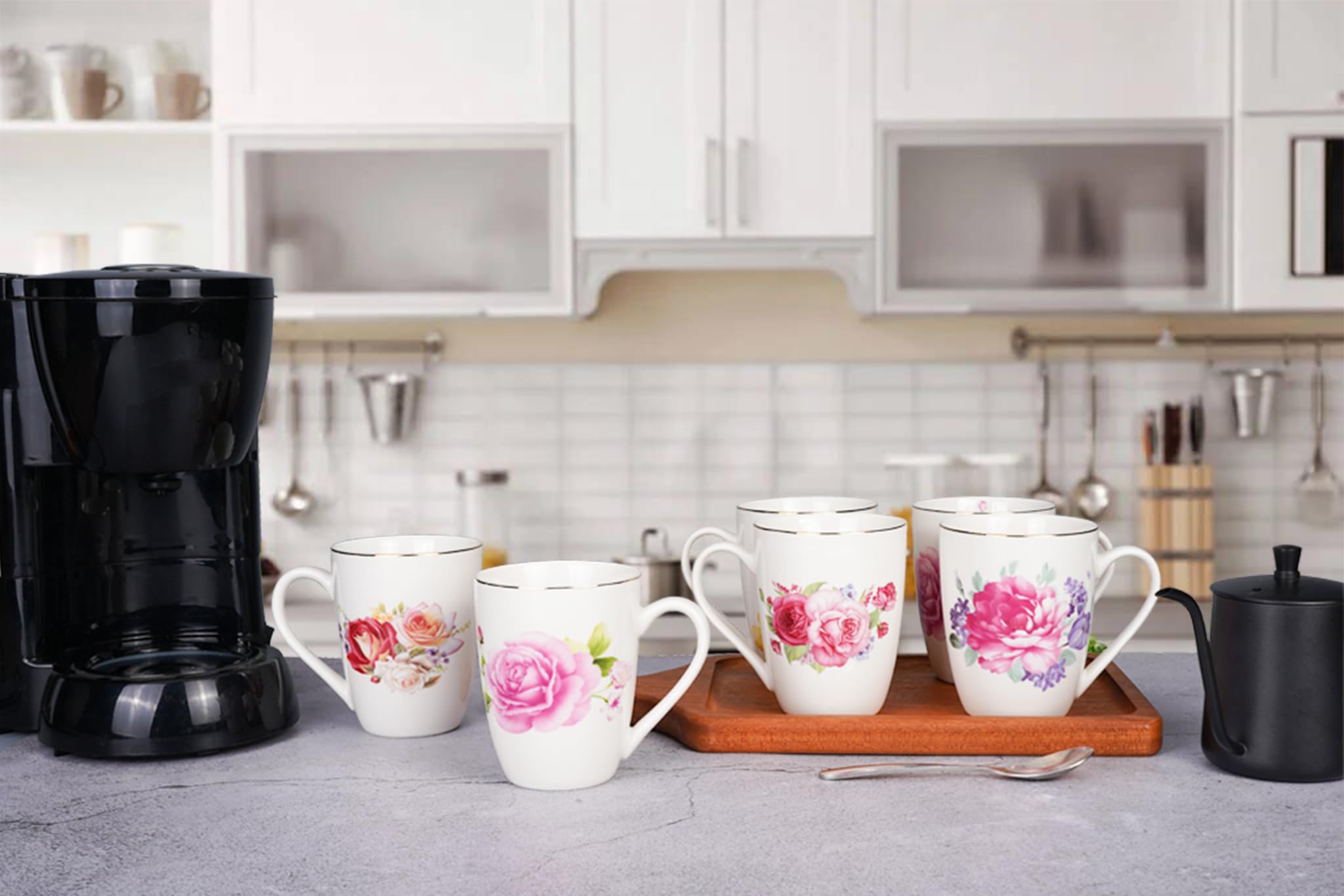 Asmwo Porcelain Floral Tea Cup Set Rose Peony Cups Coffee mugs for Women Latte Cups Set of 6