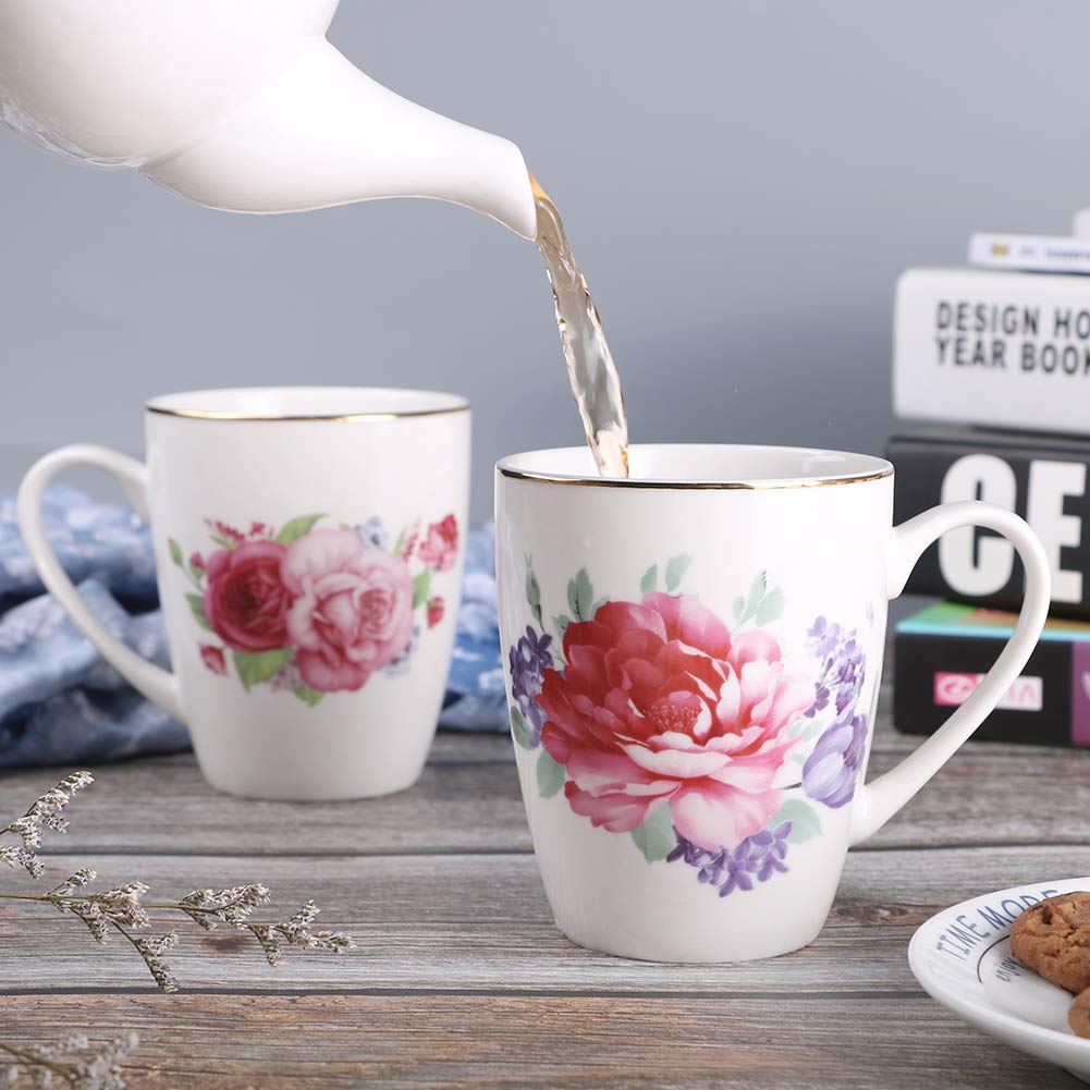Asmwo Porcelain Floral Tea Cup Set Rose Peony Cups Coffee mugs for Women Latte Cups Set of 6