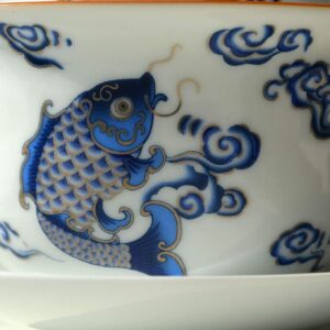 vv8oo Porcelain Gaiwan 7oz Teaup Jumping Fish White Glazed Tureen Chinese Sancai Cover Bowl Lip Cup Saucer Set