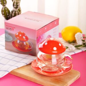 WHJY Mushroom Tea Cup with Infuser and Lid, Cute Mushroom Mug, Kawaii Glass Tea Cup with Ceramic Lid and Coasters, Glass Tea Cups with Strainer, 11 oz/340 ml - Green