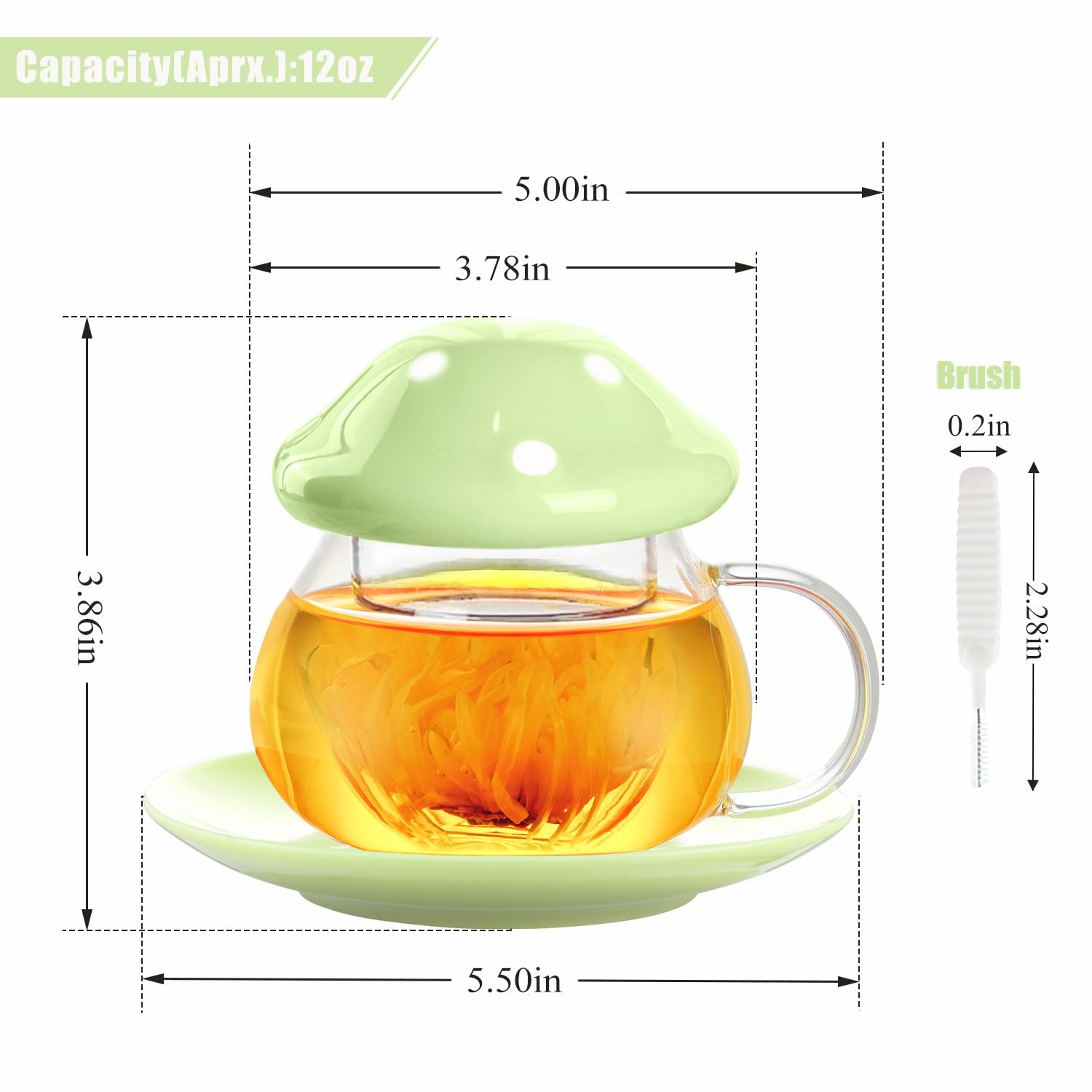 WHJY Mushroom Tea Cup with Infuser and Lid, Cute Mushroom Mug, Kawaii Glass Tea Cup with Ceramic Lid and Coasters, Glass Tea Cups with Strainer, 11 oz/340 ml - Green