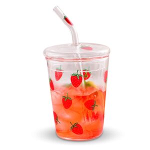 agatige 300ml glass water cup with straw and lid, cute strawberry mug glass milk bottle water juice smoothie drinking cup for home office school