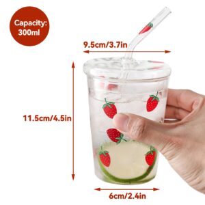 Agatige 300ml Glass Water Cup with Straw and Lid, Cute Strawberry Mug Glass Milk Bottle Water Juice Smoothie Drinking Cup for Home Office School