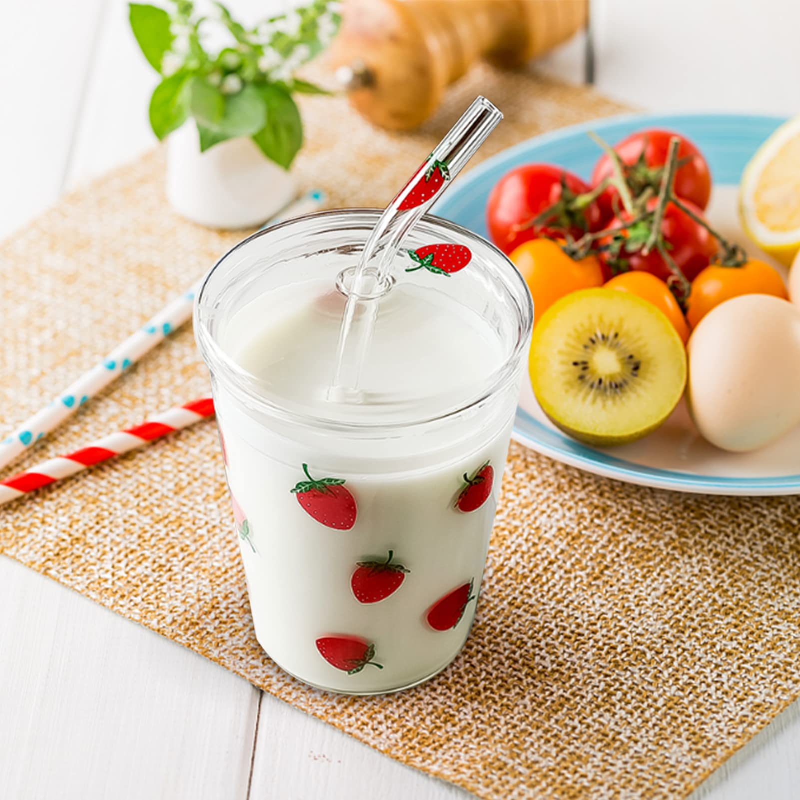 Agatige 300ml Glass Water Cup with Straw and Lid, Cute Strawberry Mug Glass Milk Bottle Water Juice Smoothie Drinking Cup for Home Office School