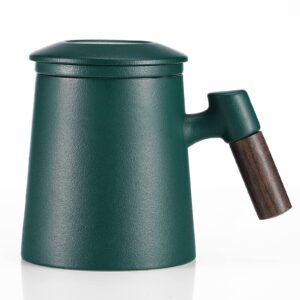 poeklsynm ceramic tea mug, porcelain tea cup with lid and infuser wooden handled, daily and office use gift tea cup with strainer steeping, 13.5oz / 400ml (green matte)