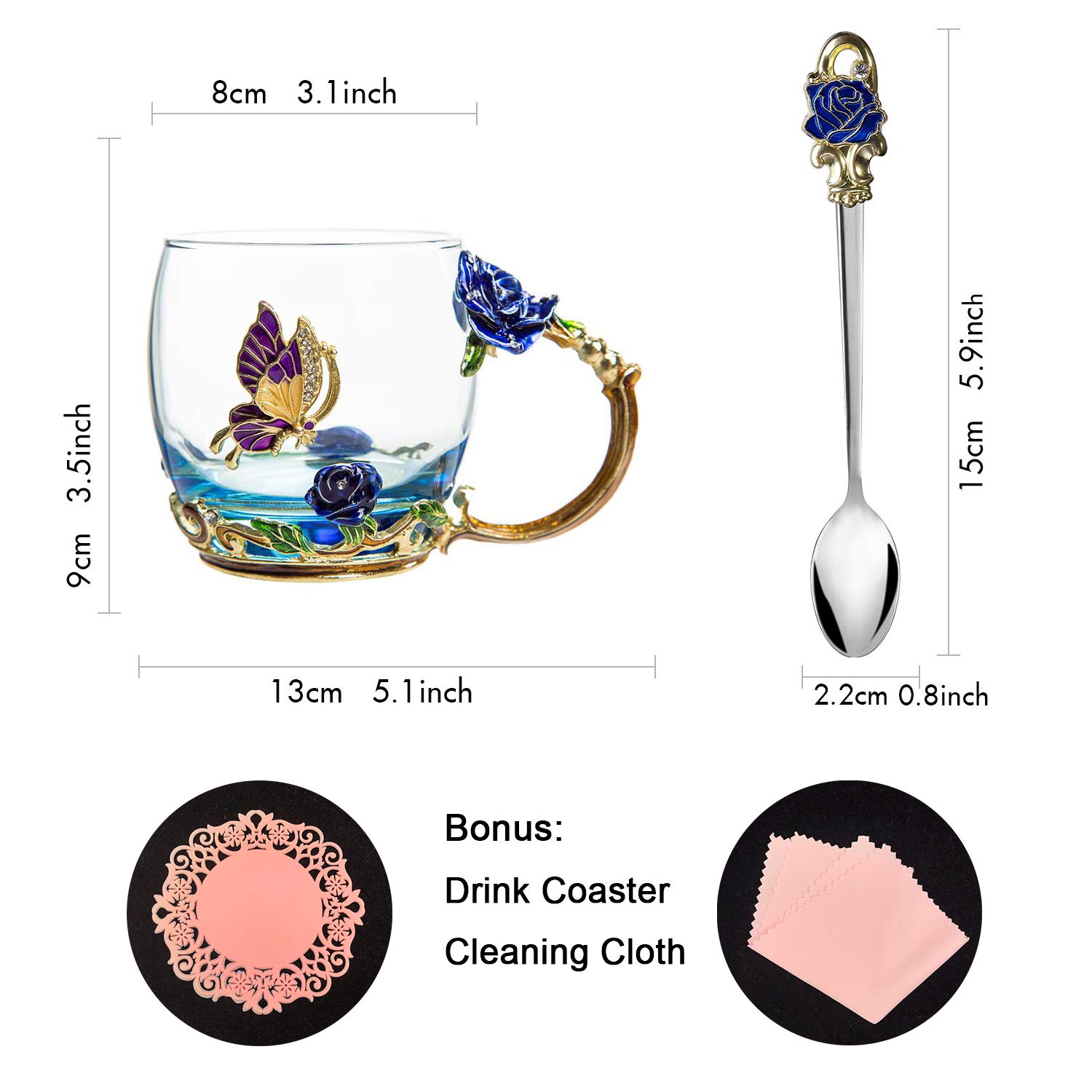 Flower Glass Tea Cups with Spoon Glass Coffee Mugs Enamel Handmade Unique Butterfly Rose for Women Valentine's Day Birthday Christmas New Year Decoration Wedding Gift (Rose-Blue-Short)