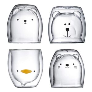 æ— 4 pack cute animals mugs, double wall insulated glass espresso cup, tea cup milk cup coffee couple glass mugs funny valentines day creative romantic birthday gifts