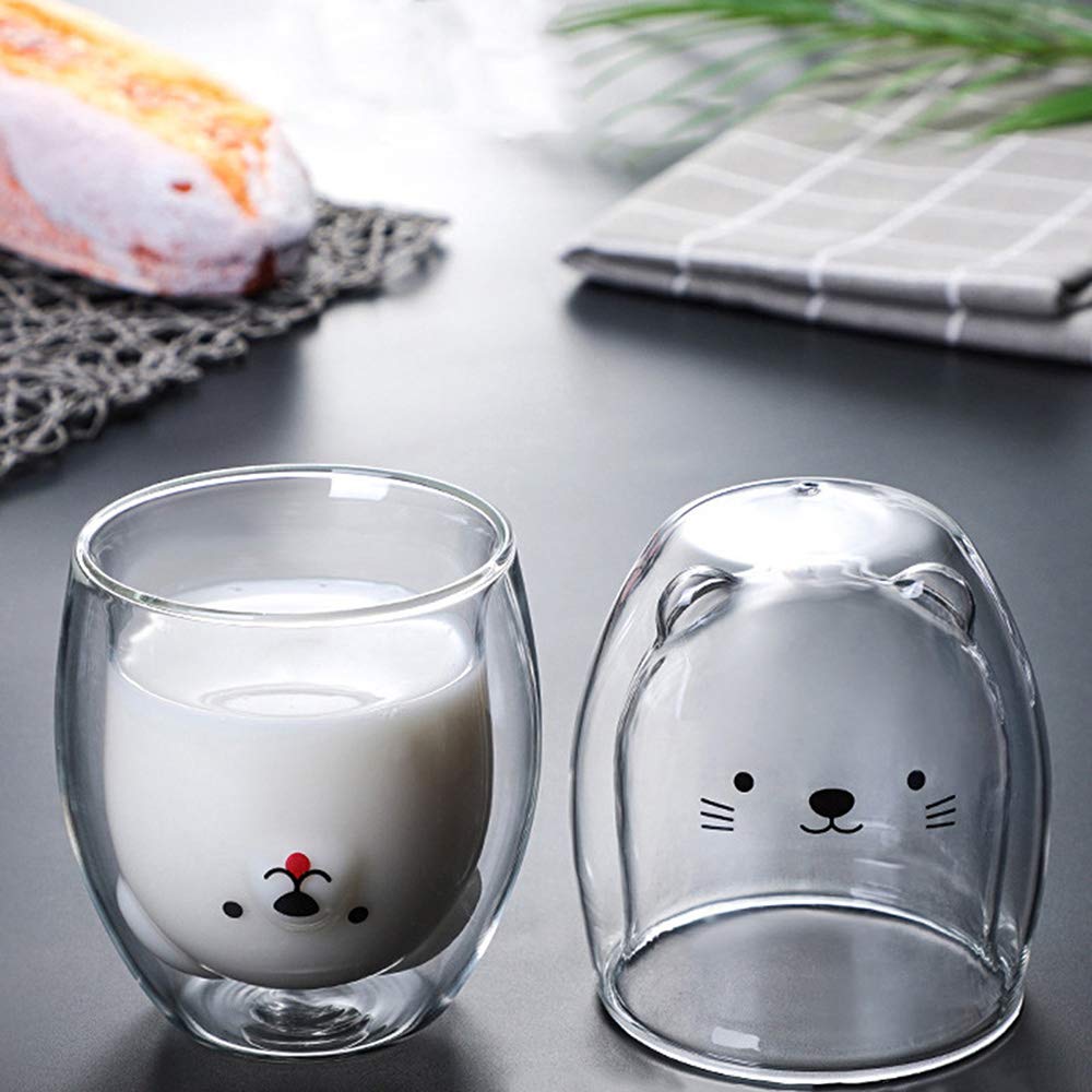 æ— 4 Pack Cute Animals Mugs, Double Wall Insulated Glass Espresso Cup, Tea Cup Milk Cup Coffee Couple Glass Mugs Funny Valentines Day Creative Romantic Birthday Gifts