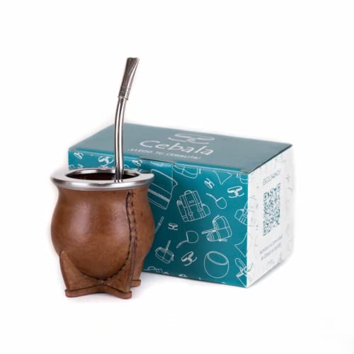 Cebala Yerba Mate cup set - Premium Ceramic yerba mate set (original from Uruguay) - Includes Leather mate cup and alpaca bombilla (straw) (Light Brown)