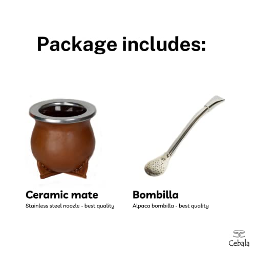 Cebala Yerba Mate cup set - Premium Ceramic yerba mate set (original from Uruguay) - Includes Leather mate cup and alpaca bombilla (straw) (Light Brown)