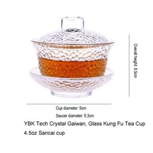 YBK Tech Crystal Gaiwan, Glass Kung Fu Tea Cup with Saucer and Lid, Chinese Traditional, Sancai Tea Bowl (Clear cup)