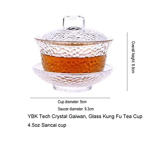 YBK Tech Crystal Gaiwan, Glass Kung Fu Tea Cup with Saucer and Lid, Chinese Traditional, Sancai Tea Bowl (Clear cup)