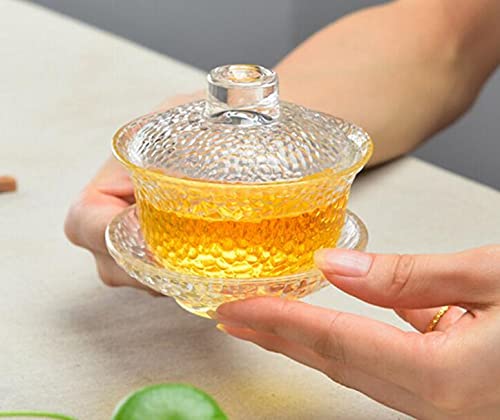 YBK Tech Crystal Gaiwan, Glass Kung Fu Tea Cup with Saucer and Lid, Chinese Traditional, Sancai Tea Bowl (Clear cup)