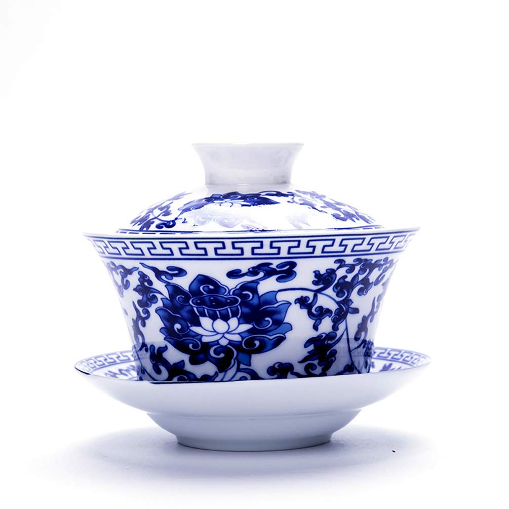 MULHUE Lotus Design Chinese Porcelain Teacups Gaiwan Flower Tureen Tradition Sancai Cover Bowl Lip Cup Saucer Tea Set Loose tea Blooming(320ml)