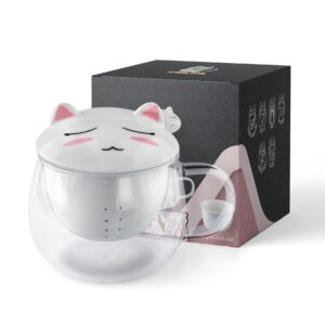 cute cat creations, crazy cat ladylovers glass 300ml10oz tea cup with tail handle & kitty kat ears ceramic lid, kawaii teacup with ceramic tea leaf infusersteeperstrainer