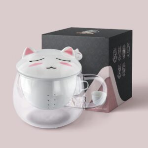 Cute Cat Creations, Crazy Cat LadyLovers Glass 300ml10oz Tea Cup with Tail Handle & Kitty Kat Ears Ceramic Lid, Kawaii Teacup with Ceramic Tea Leaf InfuserSteeperStrainer