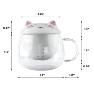 Cute Cat Creations, Crazy Cat LadyLovers Glass 300ml10oz Tea Cup with Tail Handle & Kitty Kat Ears Ceramic Lid, Kawaii Teacup with Ceramic Tea Leaf InfuserSteeperStrainer